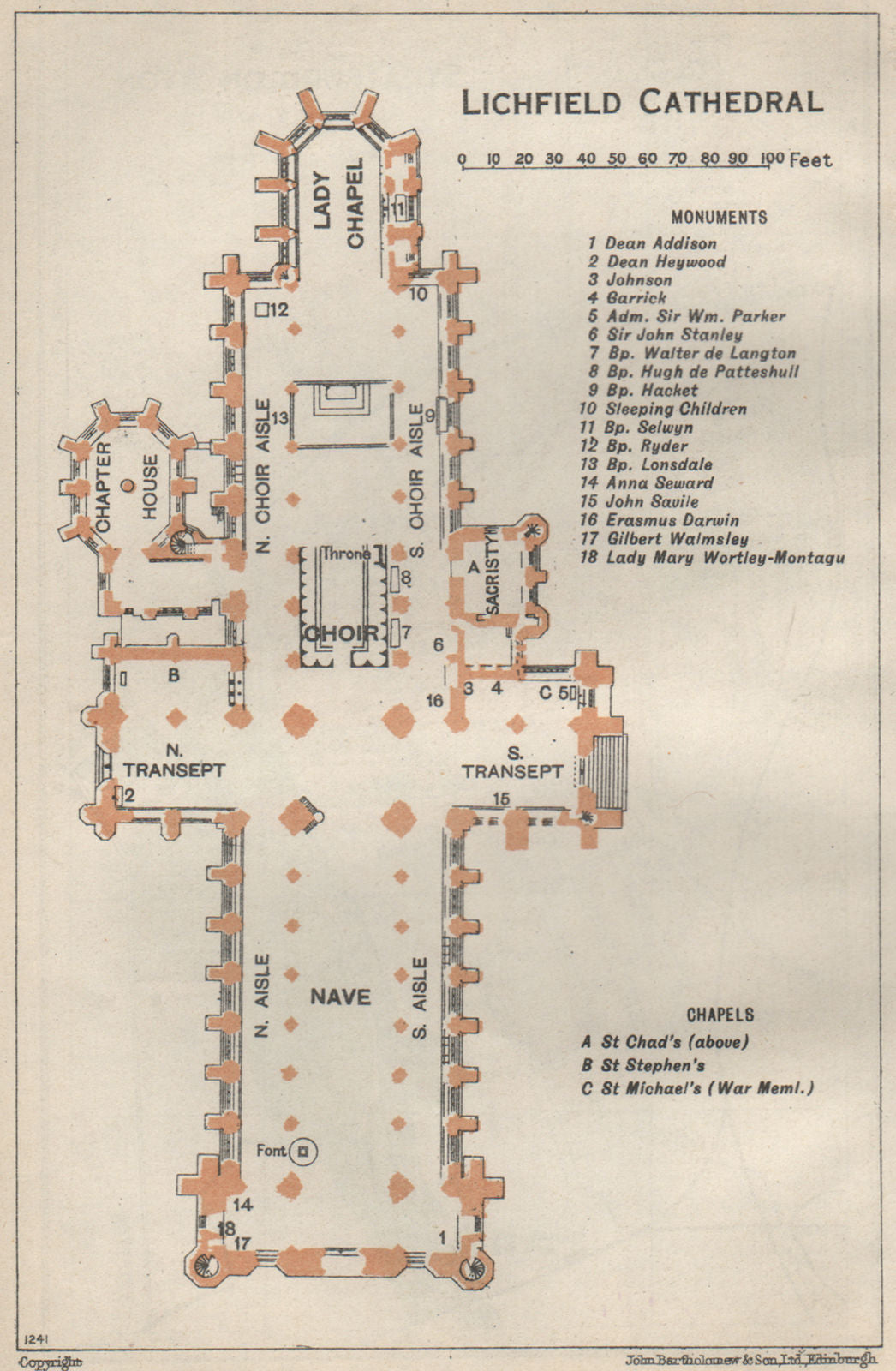 LICHFIELD cathedral vintage floor plan. Staffordshire 1957 old vintage map